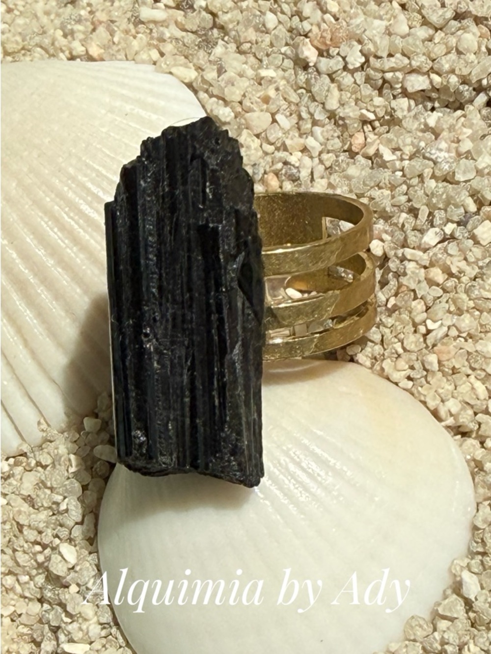 Black Tourmaline Raw Column Ring with Gold Band - Picture 2 of 4